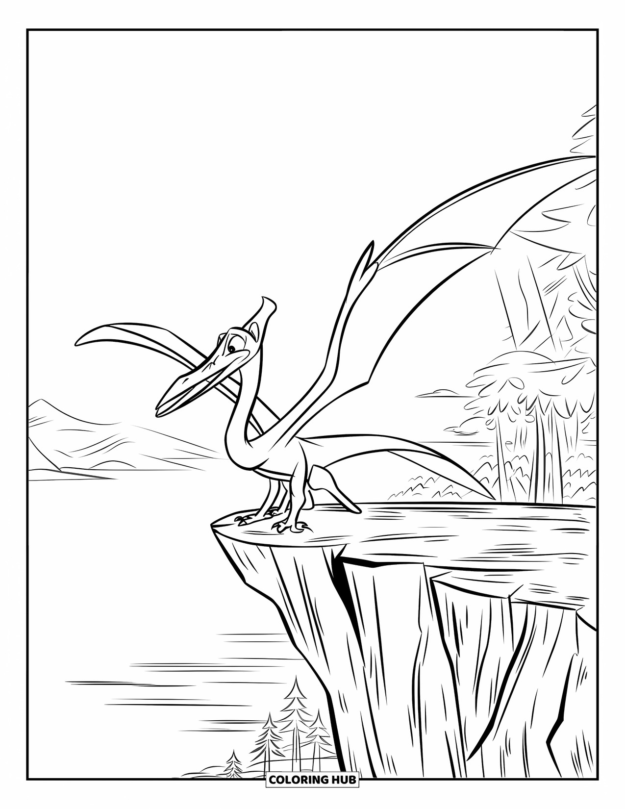 Dinosaurus Kleurplaat voor Kinderen: Een Pteranodon zit op een klif en bereidt zich voor om te springen