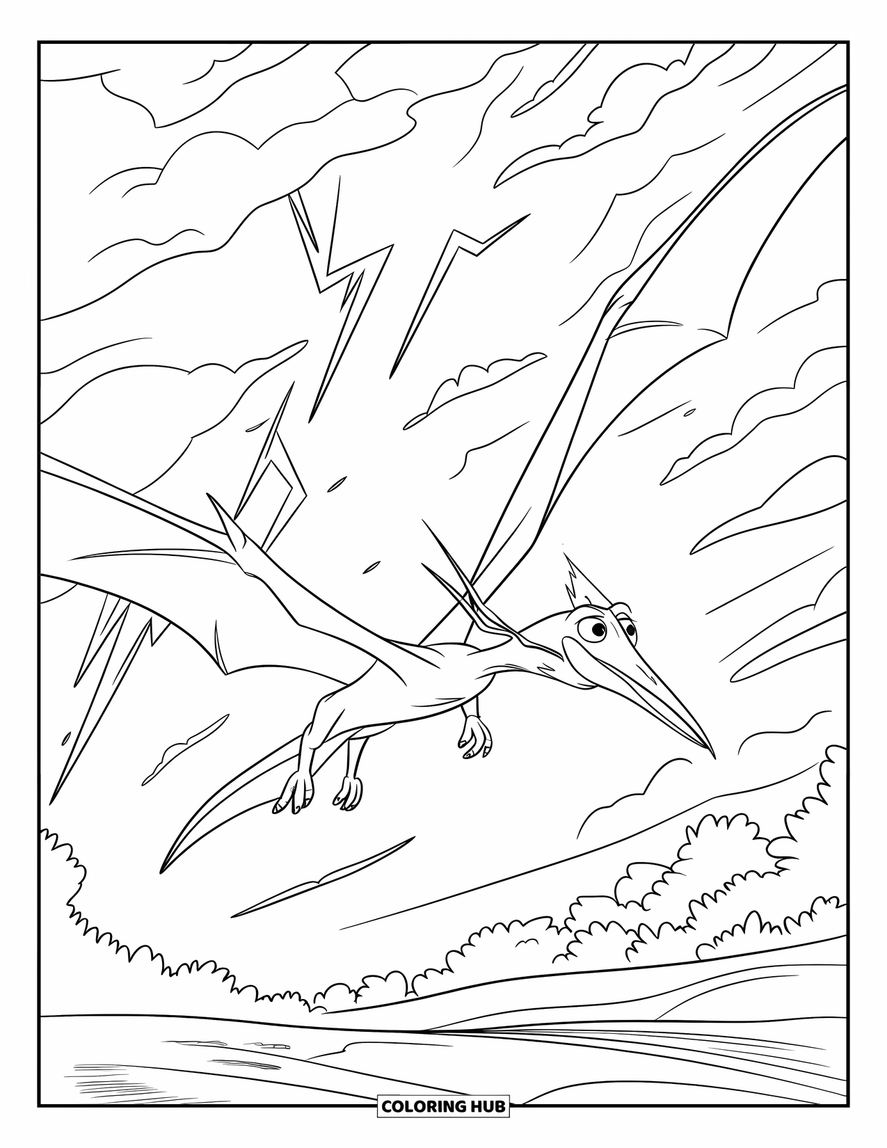 Dinosaurus Kleurplaat voor Kinderen: Een Pteranodon zweeft door een stormachtige lucht met bliksemflitsen eromheen