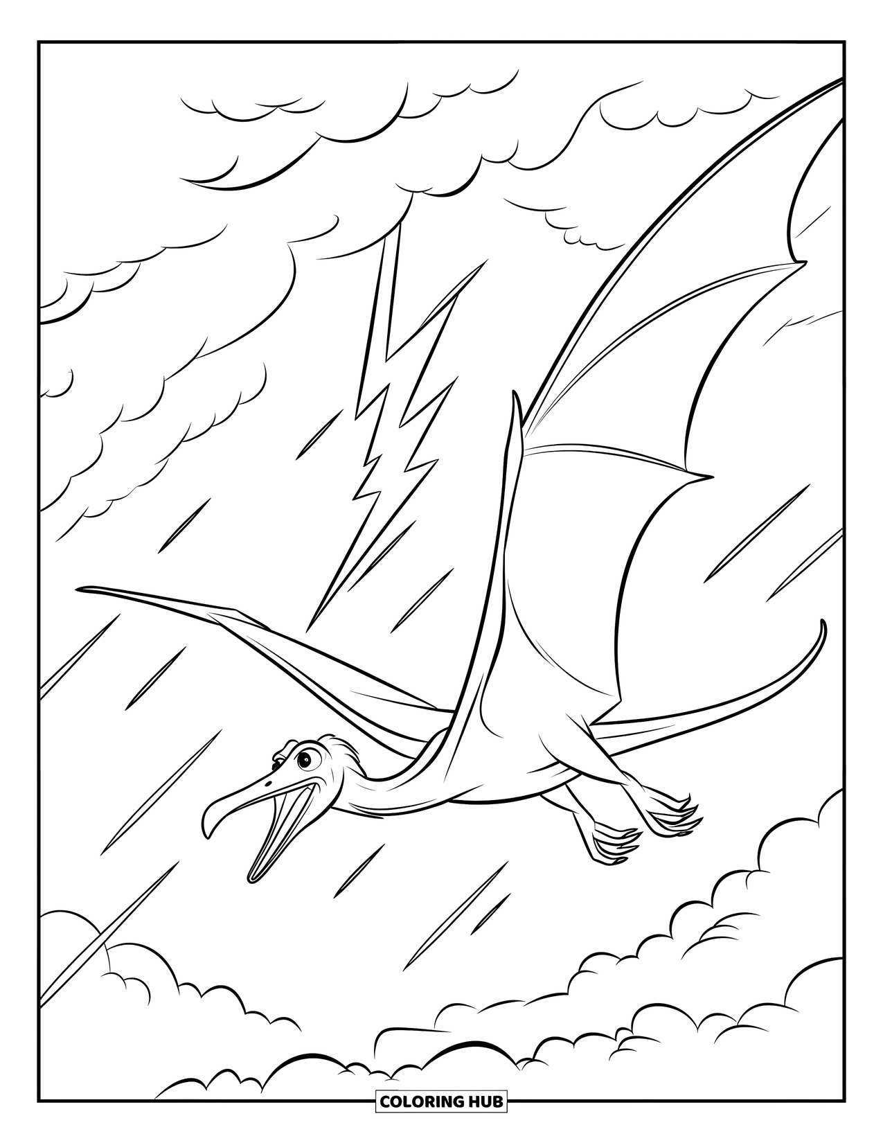 Dinosaurus Kleurplaat voor Kinderen: Een Pteranodon zweeft door sterke wind en bliksem in een stormachtige lucht