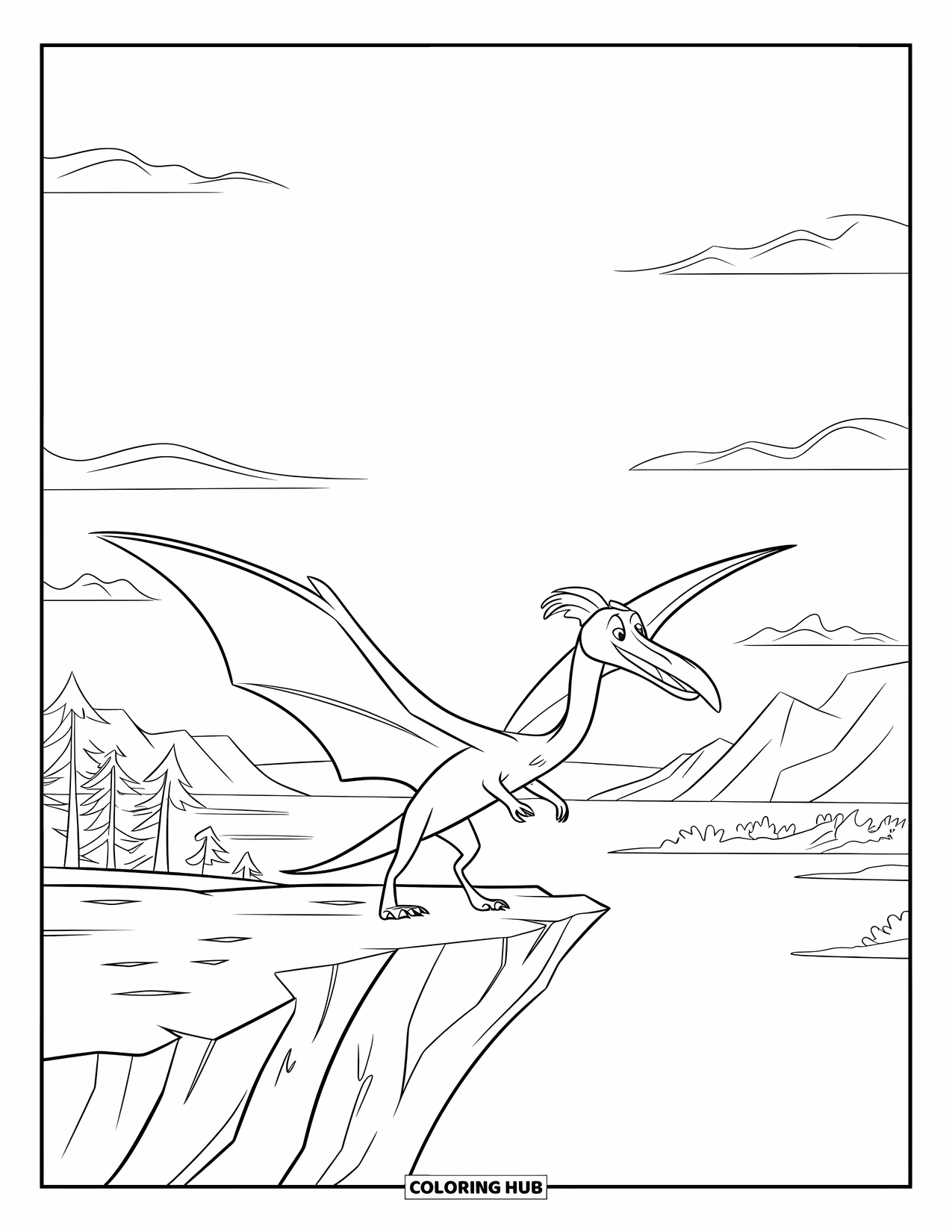 Dinosaurus Kleurplaat voor Kinderen: Een Pteranodon staat op een klif en kijkt uit over bergen en water