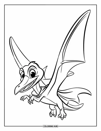 Dinoszaurusz kifestő gyerekeknek: Egy Pteranodon szuperhőspózban áll, köpenye lobog a szélben
