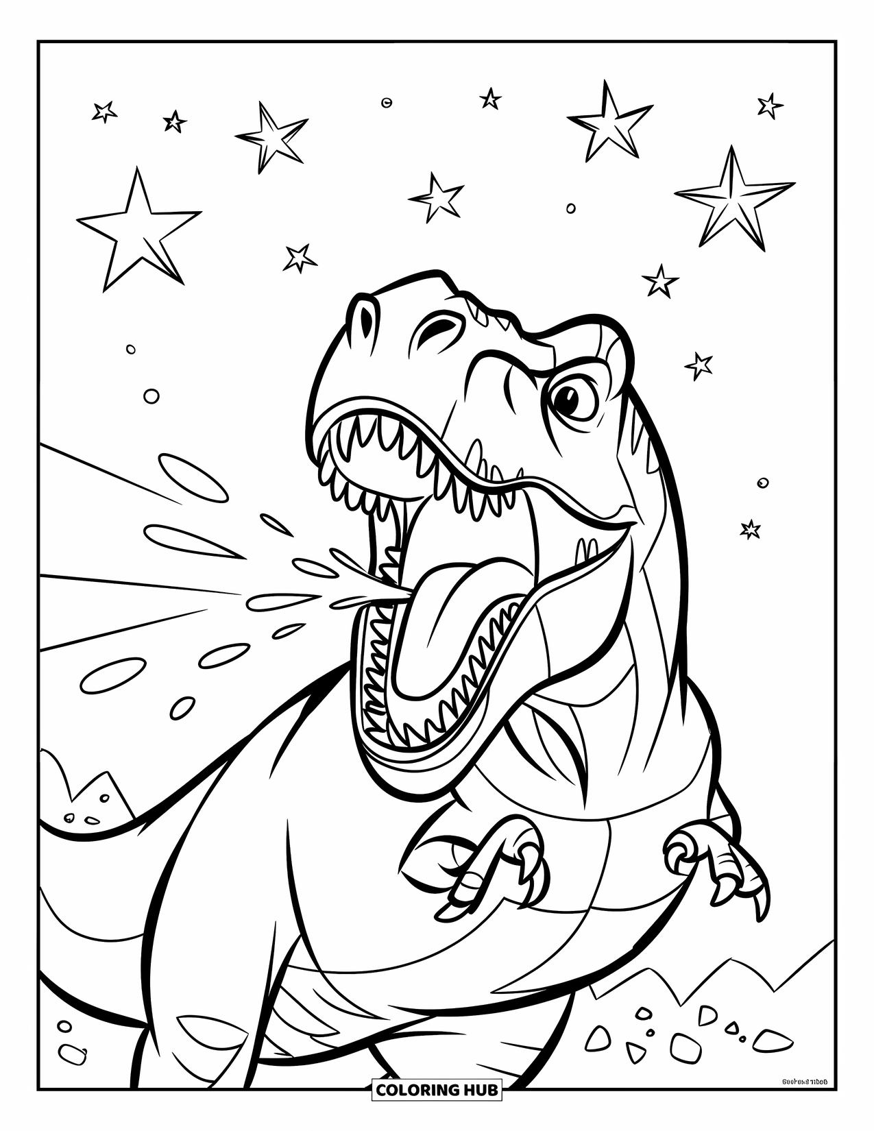 Dinosaur Kleurplaat voor Kinderen: Een brullende T-Rex ademt mist in de koude nachtelijke hemel