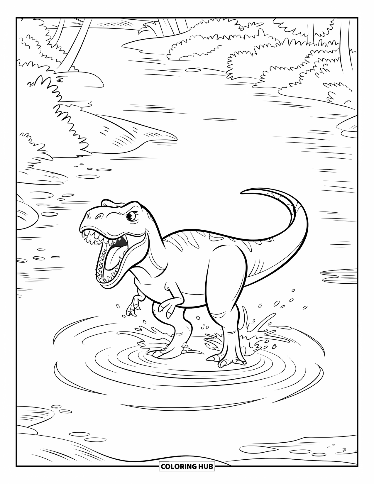 Dinosaurus Kleurplaat voor Kinderen: Een brullende T-Rex staat in een ondiepe rivier met opspattend water