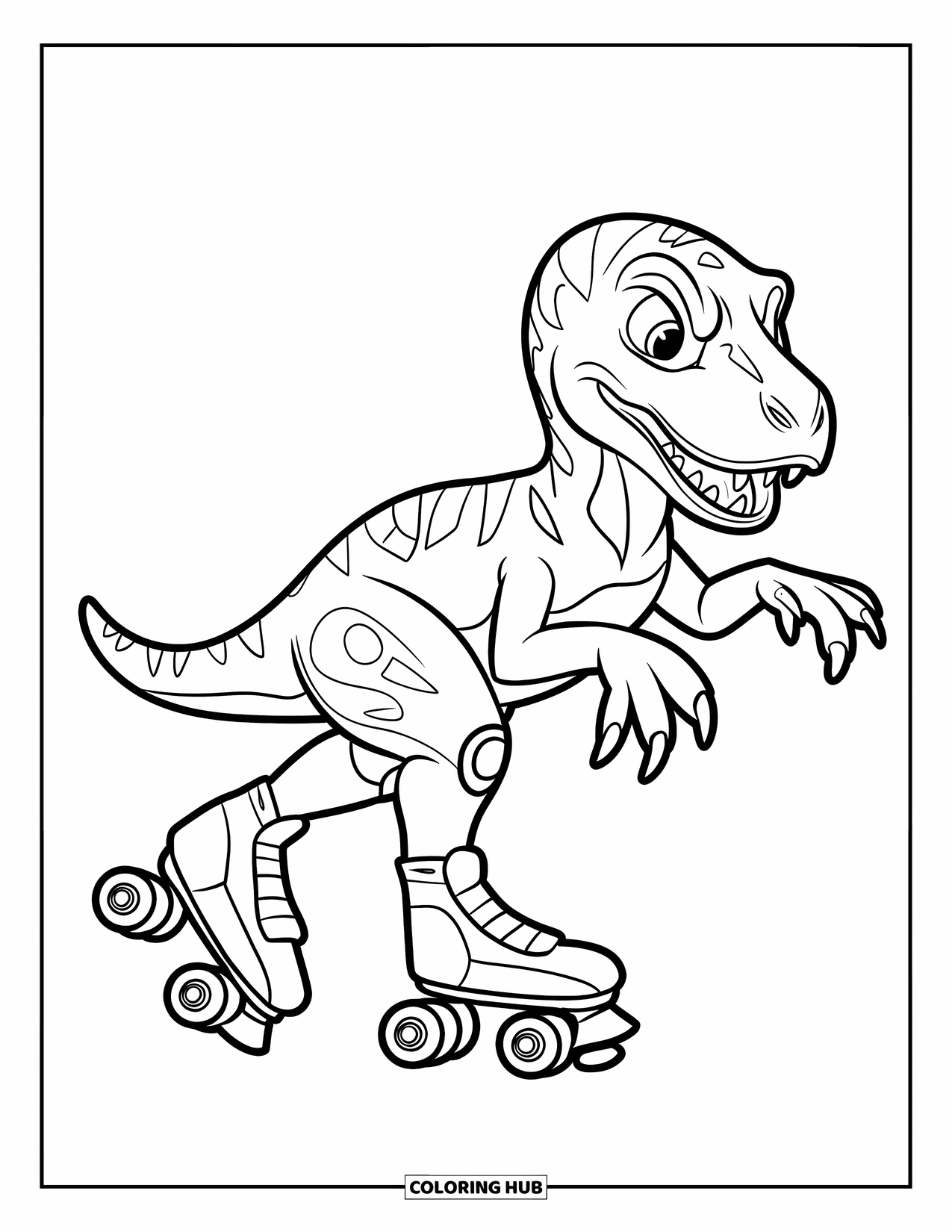 Dinosaurus Kleurplaat voor Kinderen: Een rolschaatsende Velociraptor strekt zijn armen uit om in evenwicht te blijven