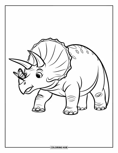 Dinoszaurusz kifestő gyerekeknek: Egy lassan sétáló Triceratops orrára pillangó száll