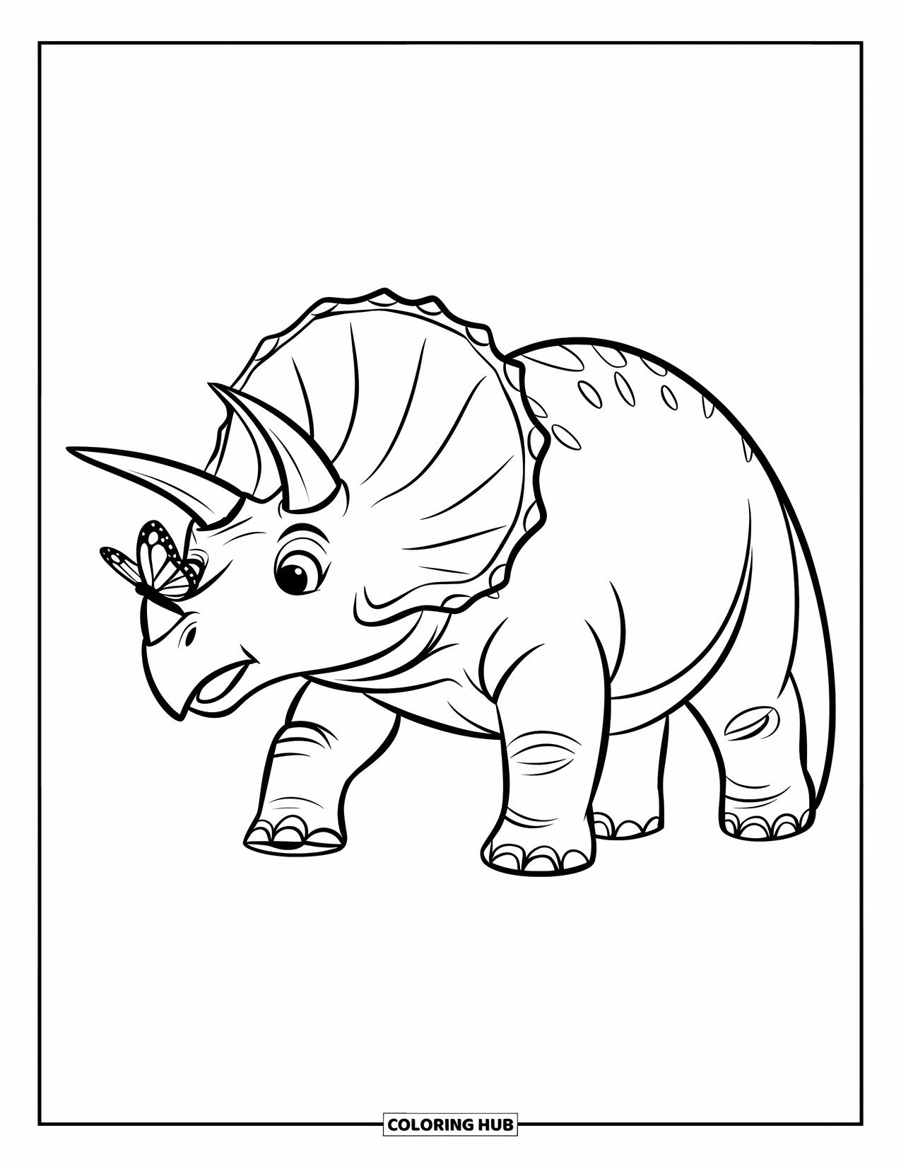 Dinosaur Kleurplaat voor Kinderen: Een langzaam lopende Triceratops krijgt een vlinder op zijn neus