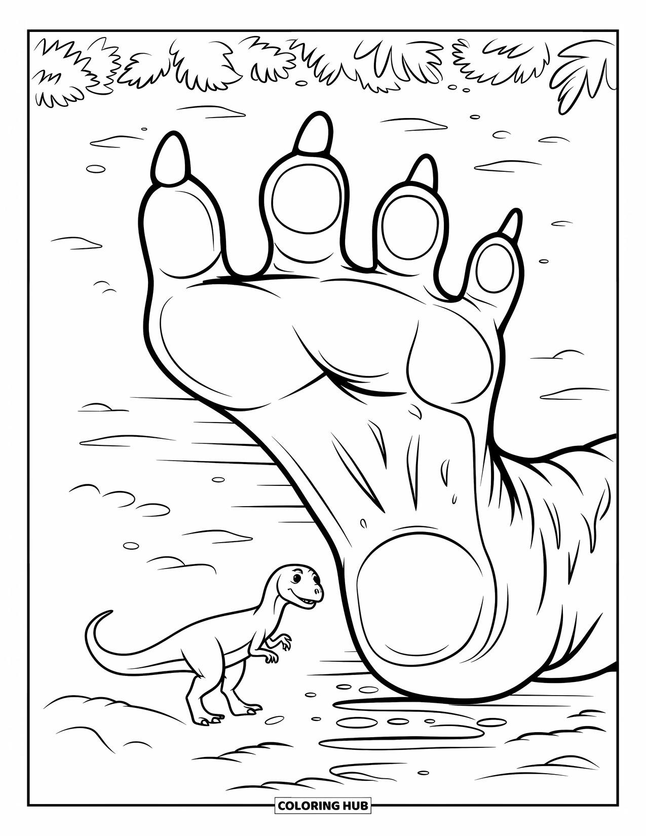 Dinosaurus Kleurplaat voor Kinderen: Een kleinere dinosaurus inspecteert een gigantische T-Rex voetafdruk in de modder