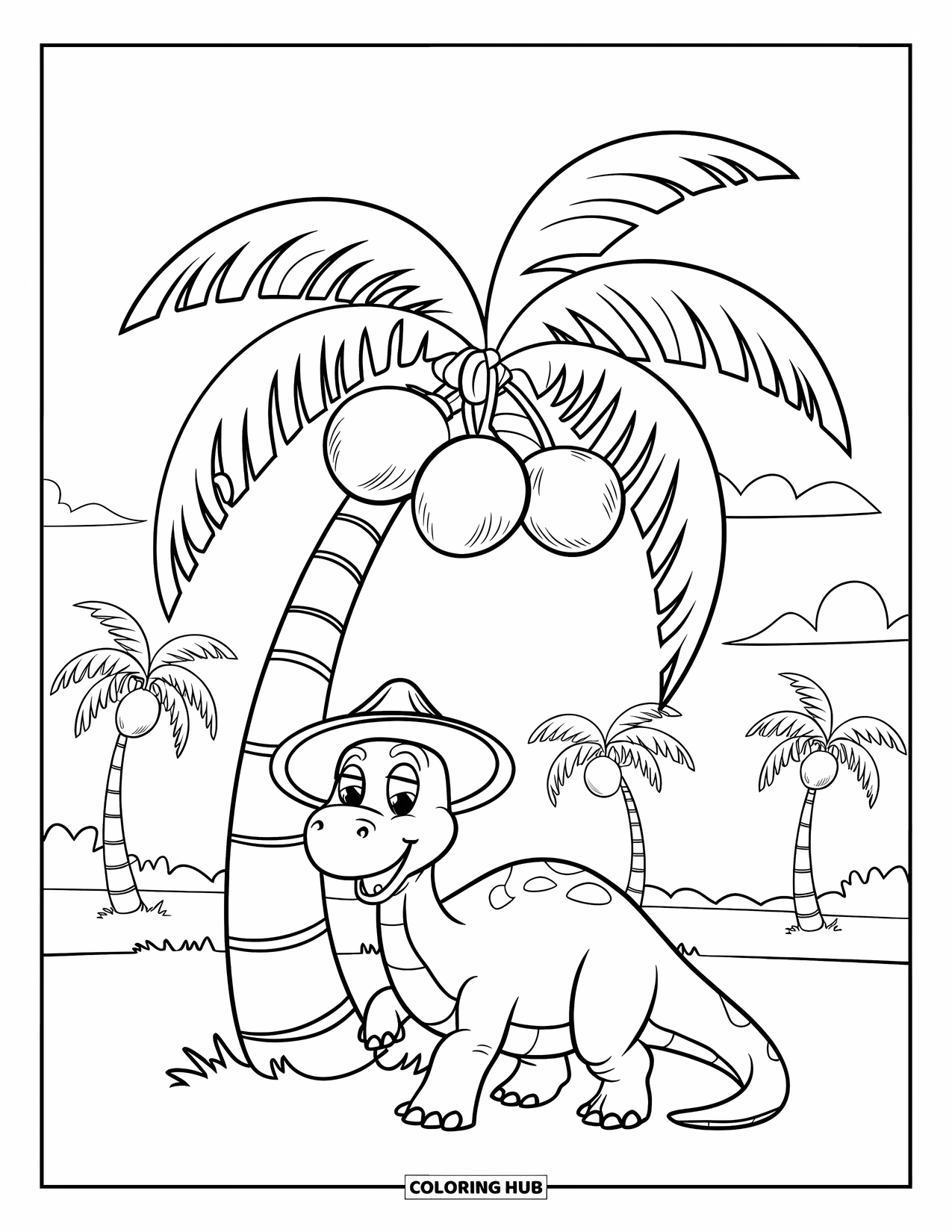 Dinosaur Kleurplaat voor Kinderen: Een lachende dinosaurus met een kleurrijke hoed staat onder een palmboom
