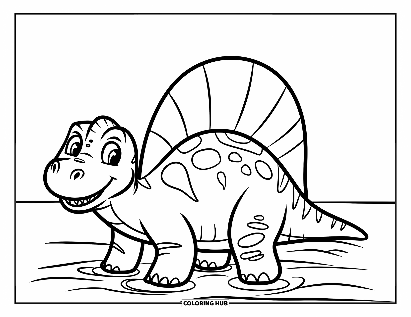 Dinosaur Kleurplaat voor Kinderen: Een lachende Spinosaurus staat in ondiep water met zijn zeil op zijn rug