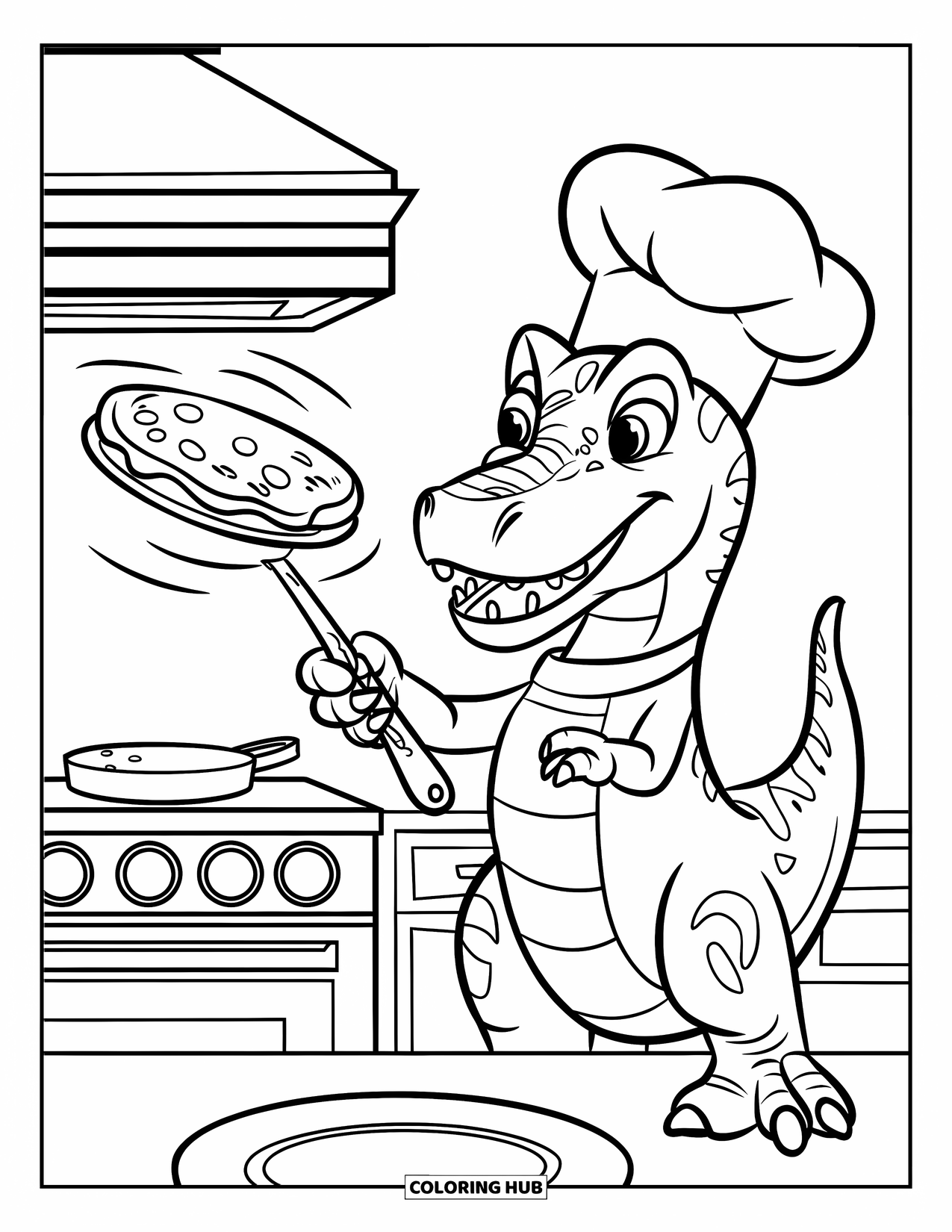 Dinosaurus Kleurplaat voor Kinderen: Een Spinosaurus met een koksmuts bakt pannenkoeken in een keuken