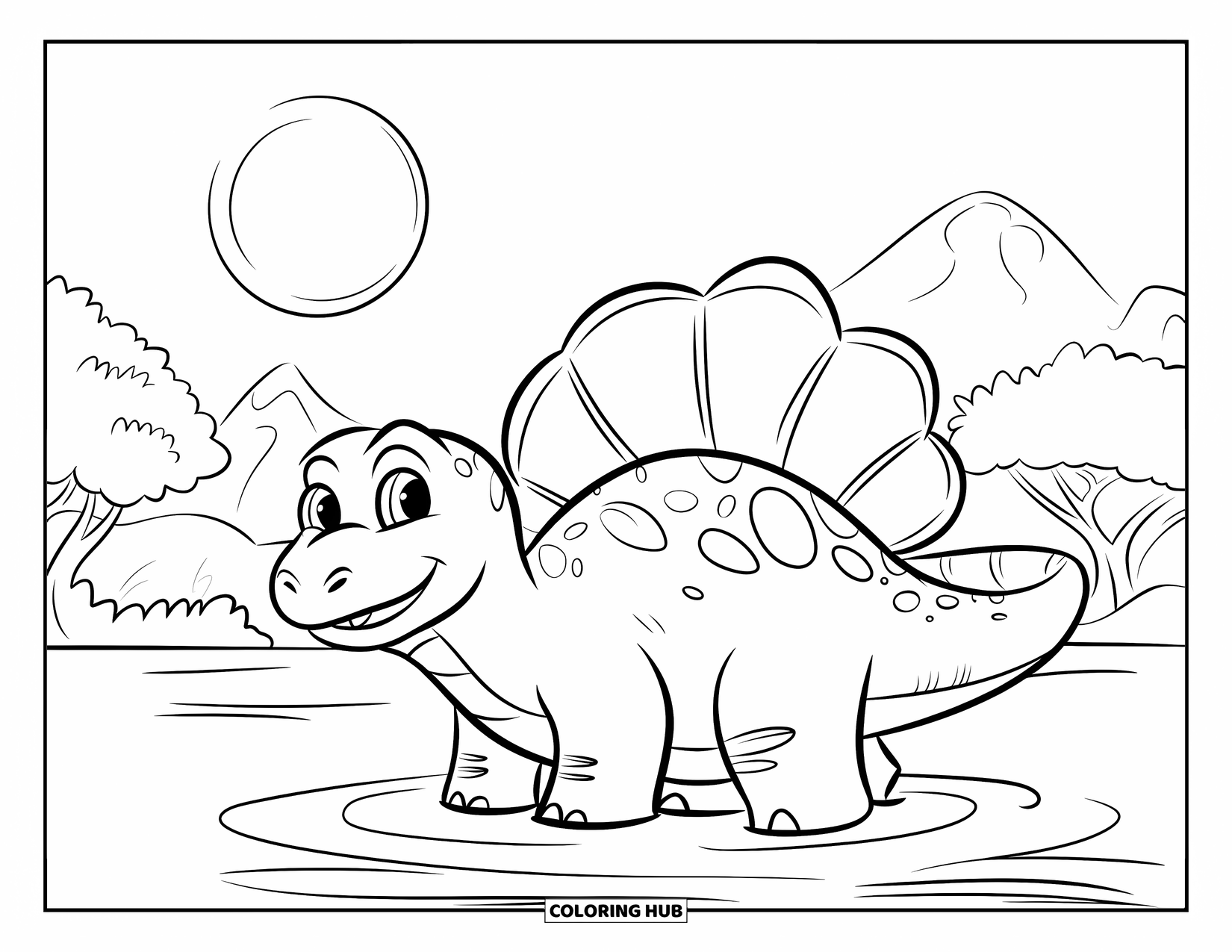 Dinosaur Kleurplaat voor Kinderen: Een Spinosaurus lacht in ondiep water onder een heldere zon