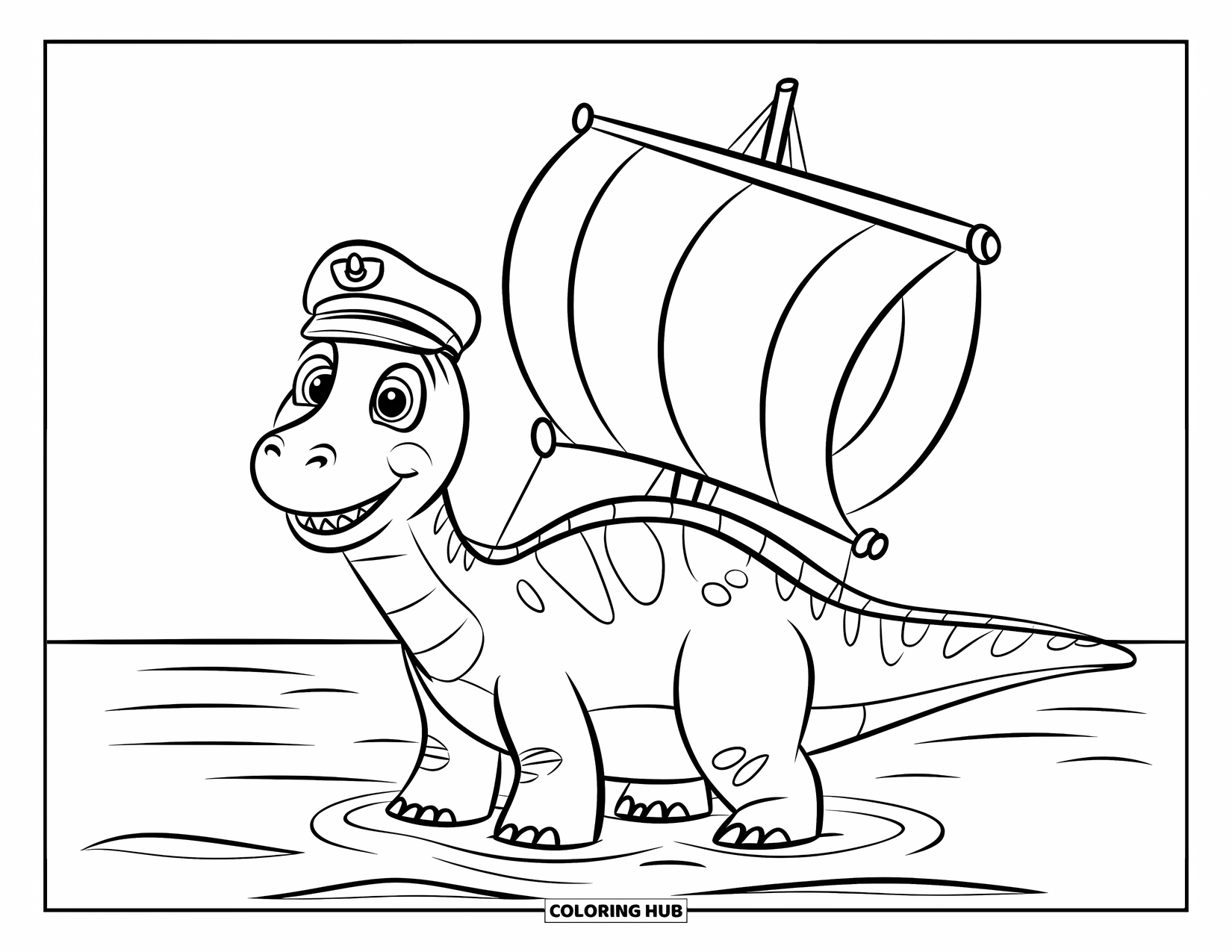 Dinosaurus Kleurplaat voor Kinderen: Een Spinosaurus met een kapiteinshoed staat in kalm water