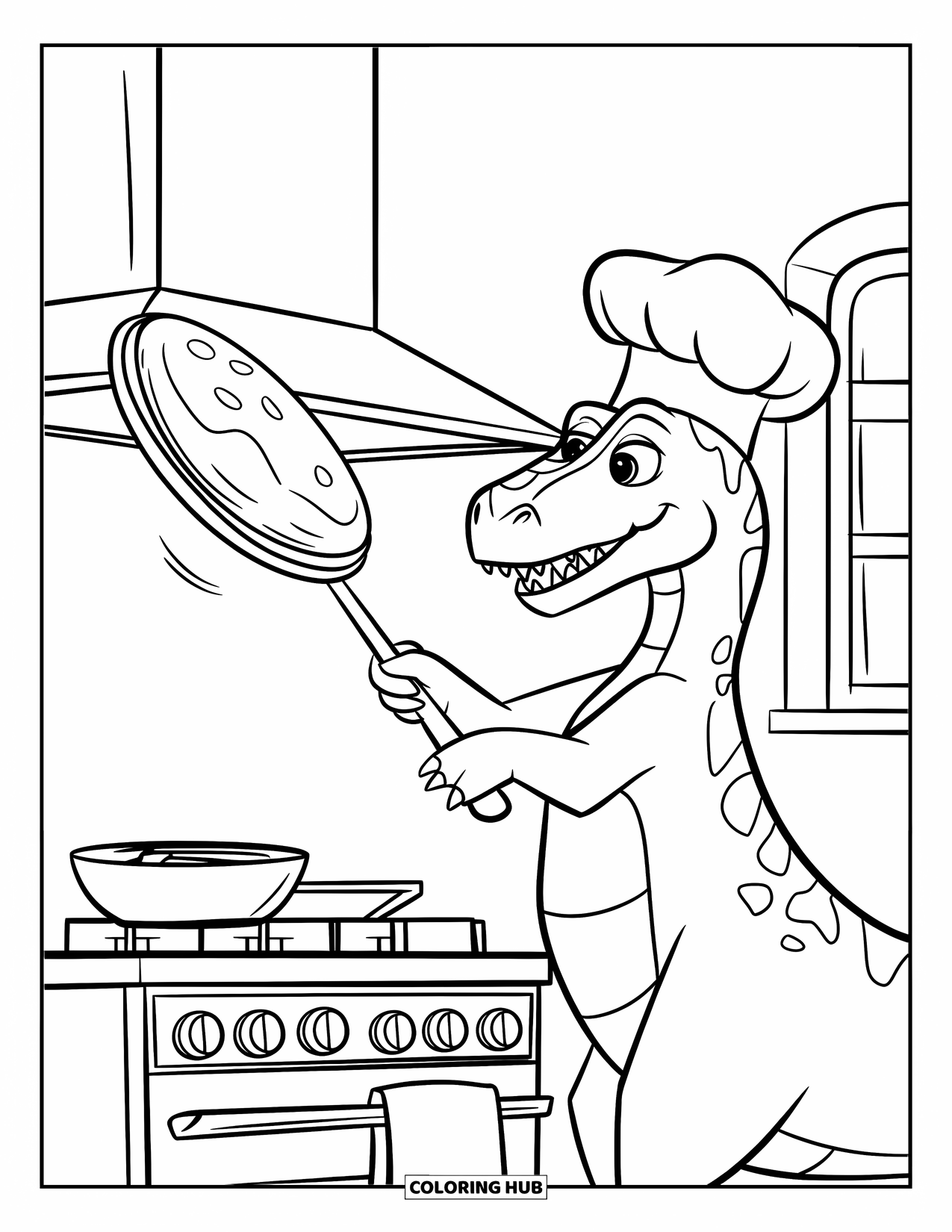 Dinosaurus Kleurplaat voor Kinderen: Een Spinosaurus met een koksmuts bakt een grote pannenkoek in een keuken