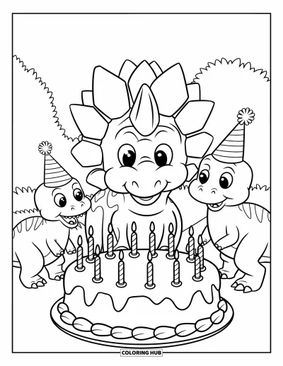 Dinoszaurusz kifestő gyerekeknek: Egy Stegosaurus elfújja a gyertyákat a tortán dinóbarátaival