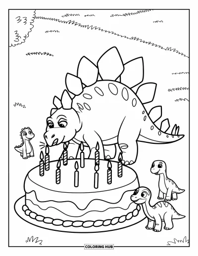 Dinoszaurusz kifestő gyerekeknek: Egy Stegosaurus barátaival ünnepel, gyertyákat fúj egy nagy tortán