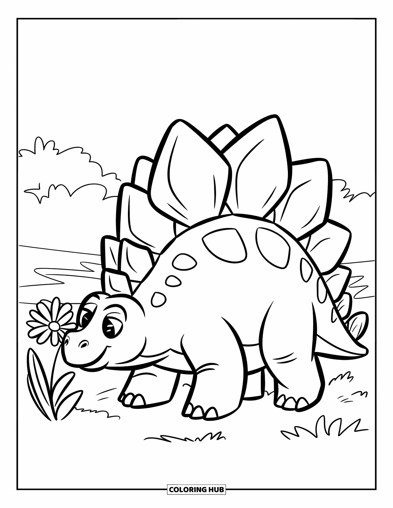 Dinosaurus Kleurplaat voor Kinderen: Een Stegosaurus snuffelt vrolijk aan een bloem in een grasveld