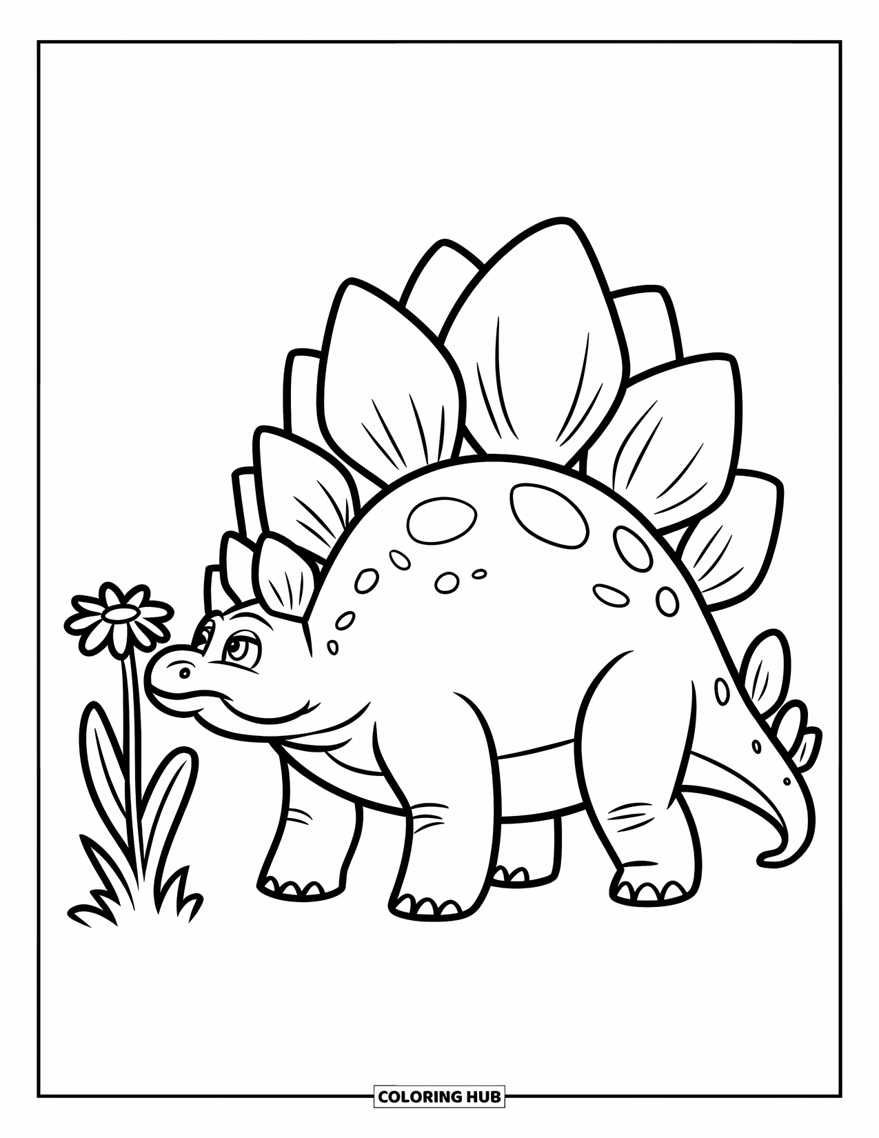 Dinosaur Kleurplaat voor Kinderen: Een Stegosaurus ruikt aan een bloem op een grasveld