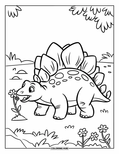 Dinoszaurusz kifestő gyerekeknek: Egy Stegosaurus virágokat szagolgat sziklák és fű között