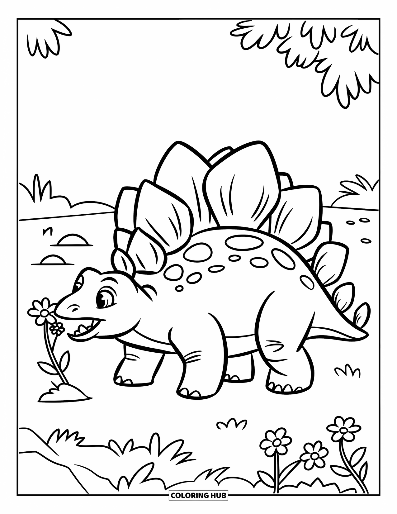 Dinosaurus Kleurplaat voor Kinderen: Een Stegosaurus snuffelt aan bloemen tussen rotsen en gras