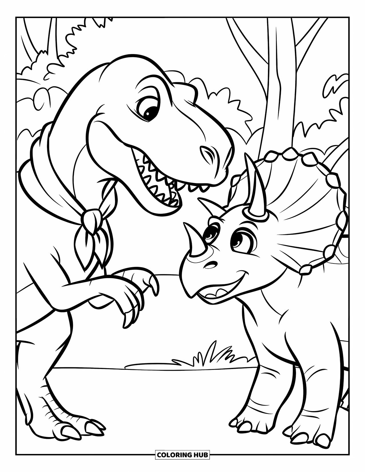 Dinosaurus Kleurplaat voor Kinderen: Een T-Rex en een Triceratops glimlachen en schudden elkaar de hand
