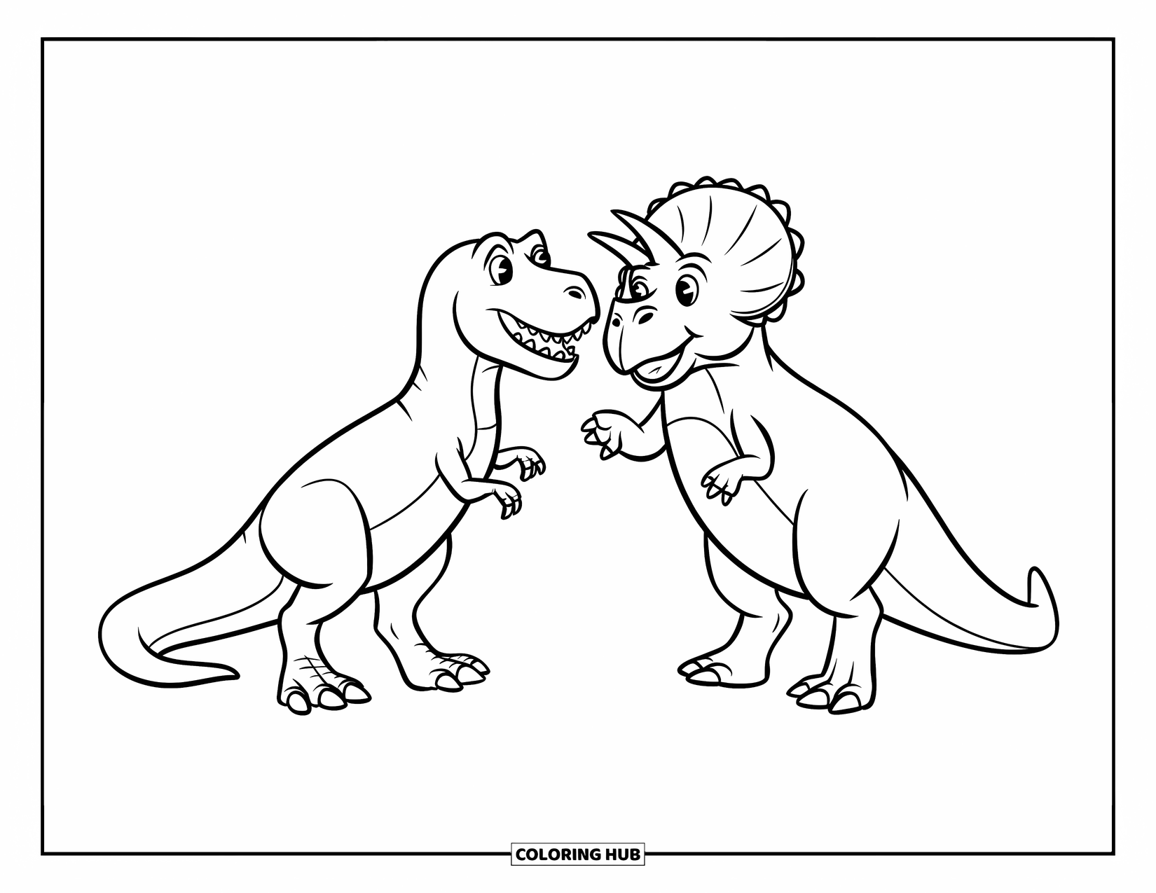 Dinosaurus Kleurplaat voor Kinderen: Een T-Rex en een Triceratops glimlachen terwijl ze elkaar de hand schudden op een grasveld