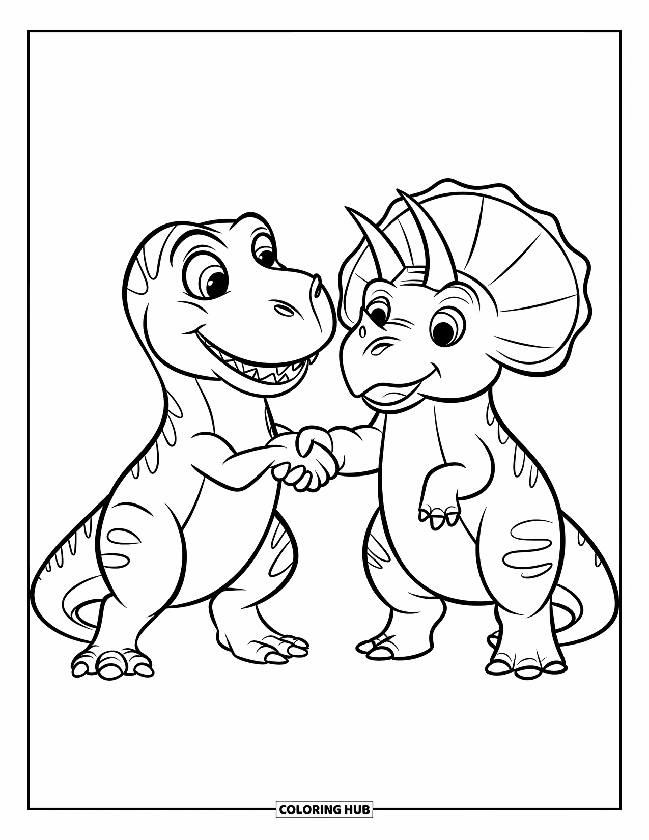 Dinosaur Kleurplaat voor Kinderen: Een T-Rex en Triceratops grijnzen en schudden elkaar hartelijk de hand