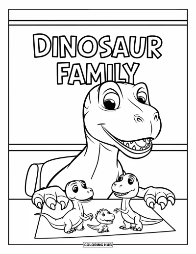 Dinoszaurusz kifestő gyerekeknek: Egy T-Rex családi portrét fest egy asztalnál