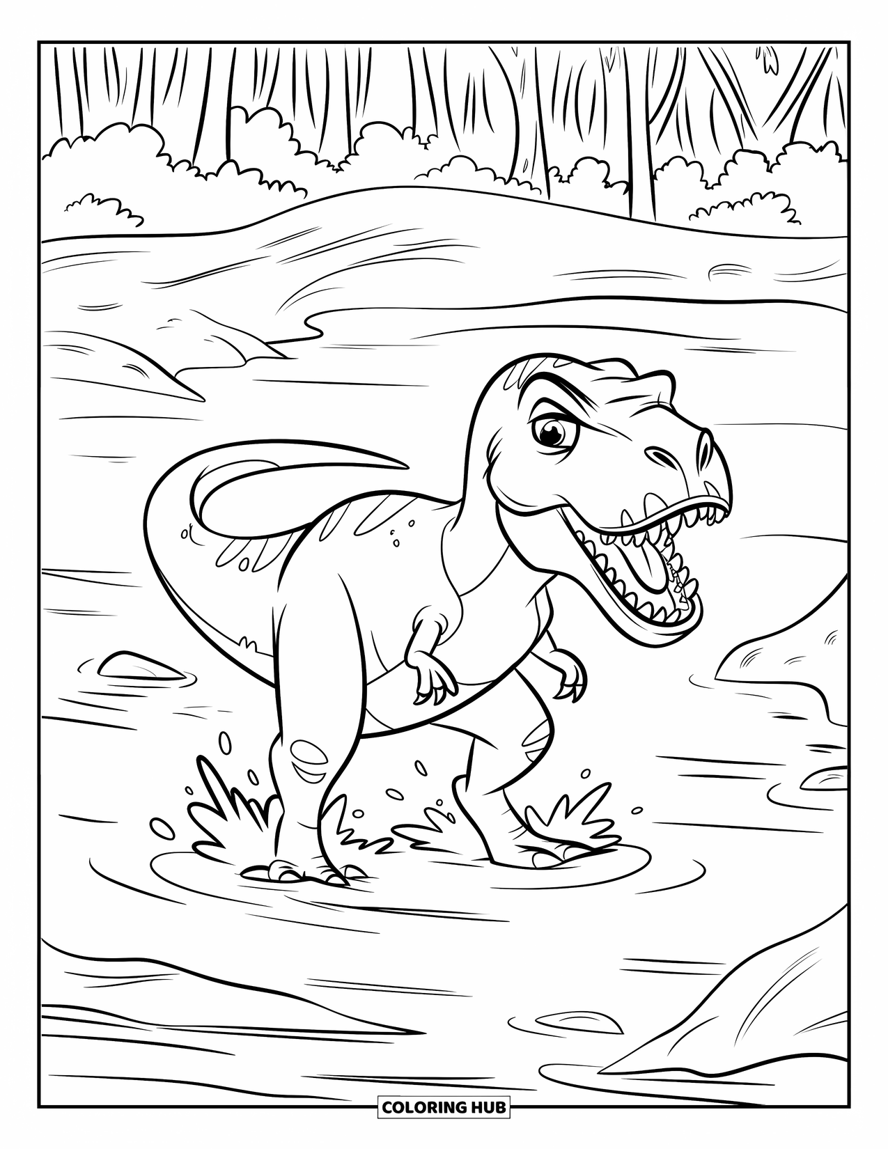 Dinosaurus Kleurplaat voor Kinderen: Een T-Rex jaagt in een ondiepe rivier, met water dat rond zijn poten spat