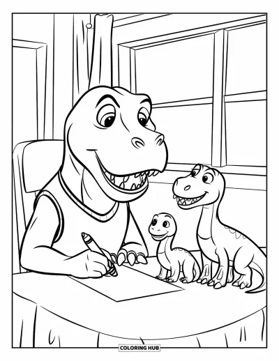 Dinoszaurusz kifestő gyerekeknek: Egy mellényes T-Rex családi képet rajzol egy asztalnál