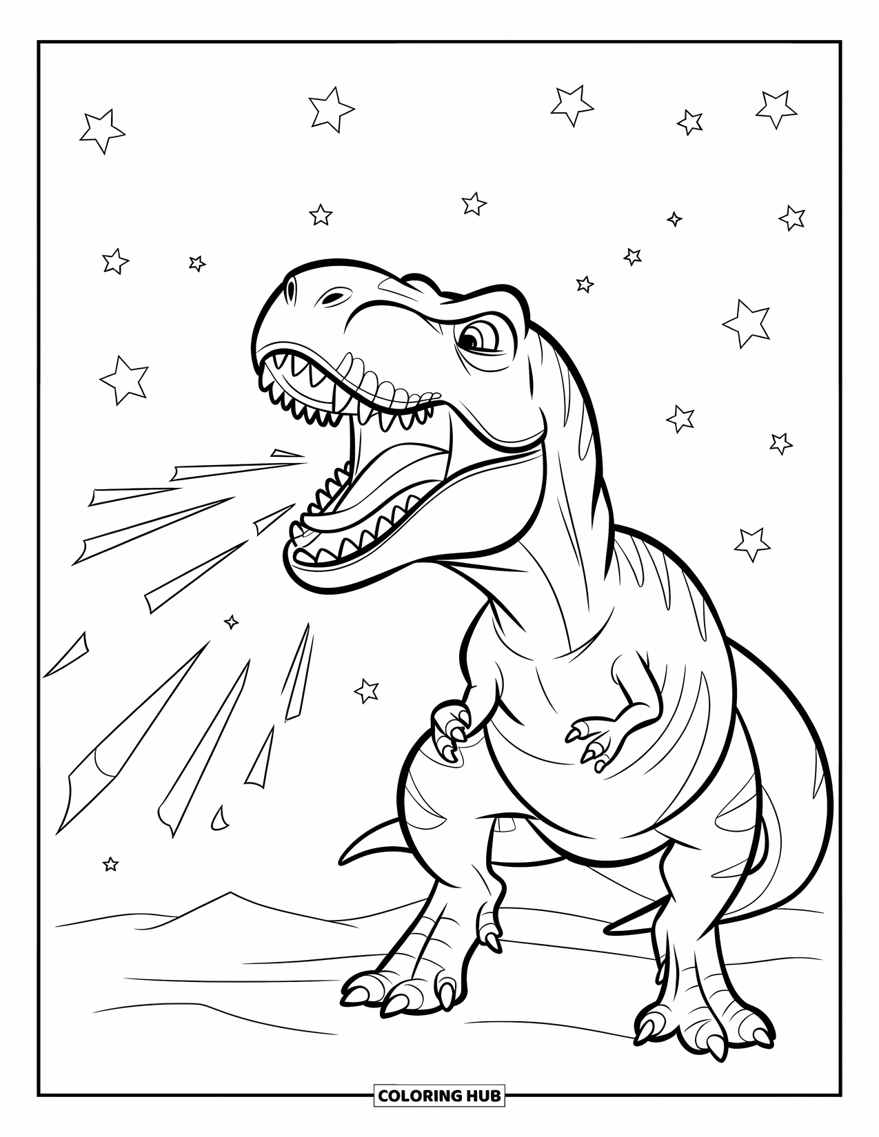 Dinosaurus Kleurplaat voor Kinderen: Een T-Rex brult in de sterrenhemel