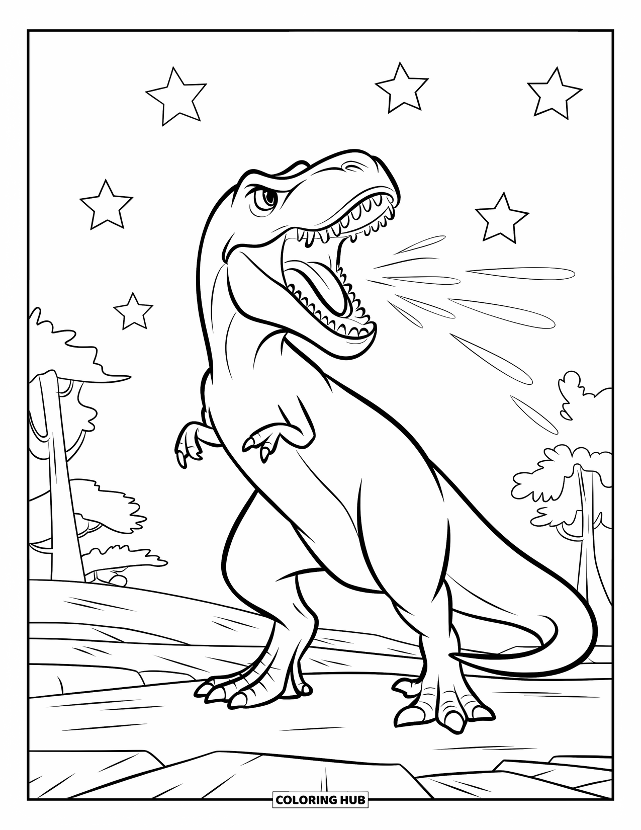 Dinosaur Kleurplaat voor Kinderen: Een T-Rex brult op een rotsachtig terrein onder een hemel vol sterren