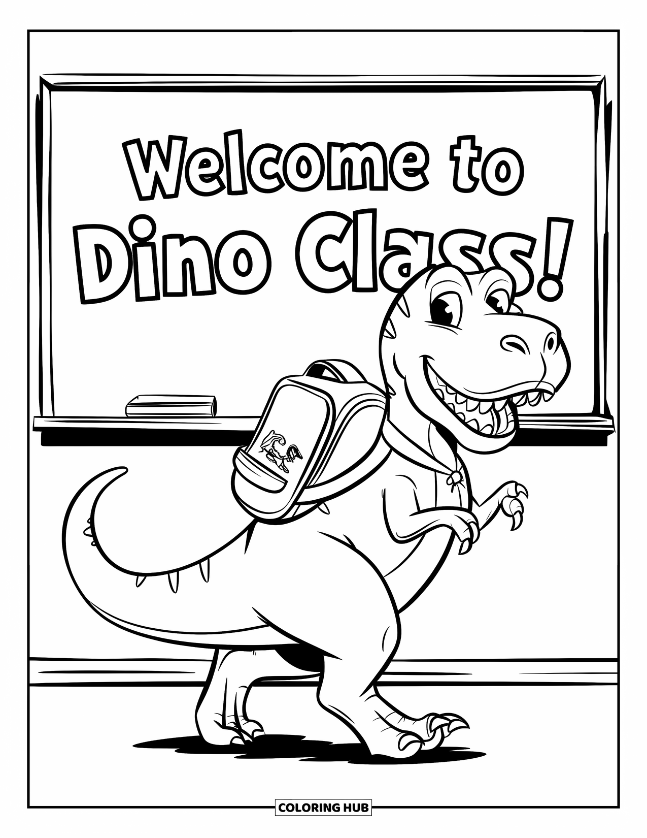 Dinosaur Kleurplaat voor Kinderen: Een T-Rex lacht breed, draagt een notitieboek en heeft een rugzak op