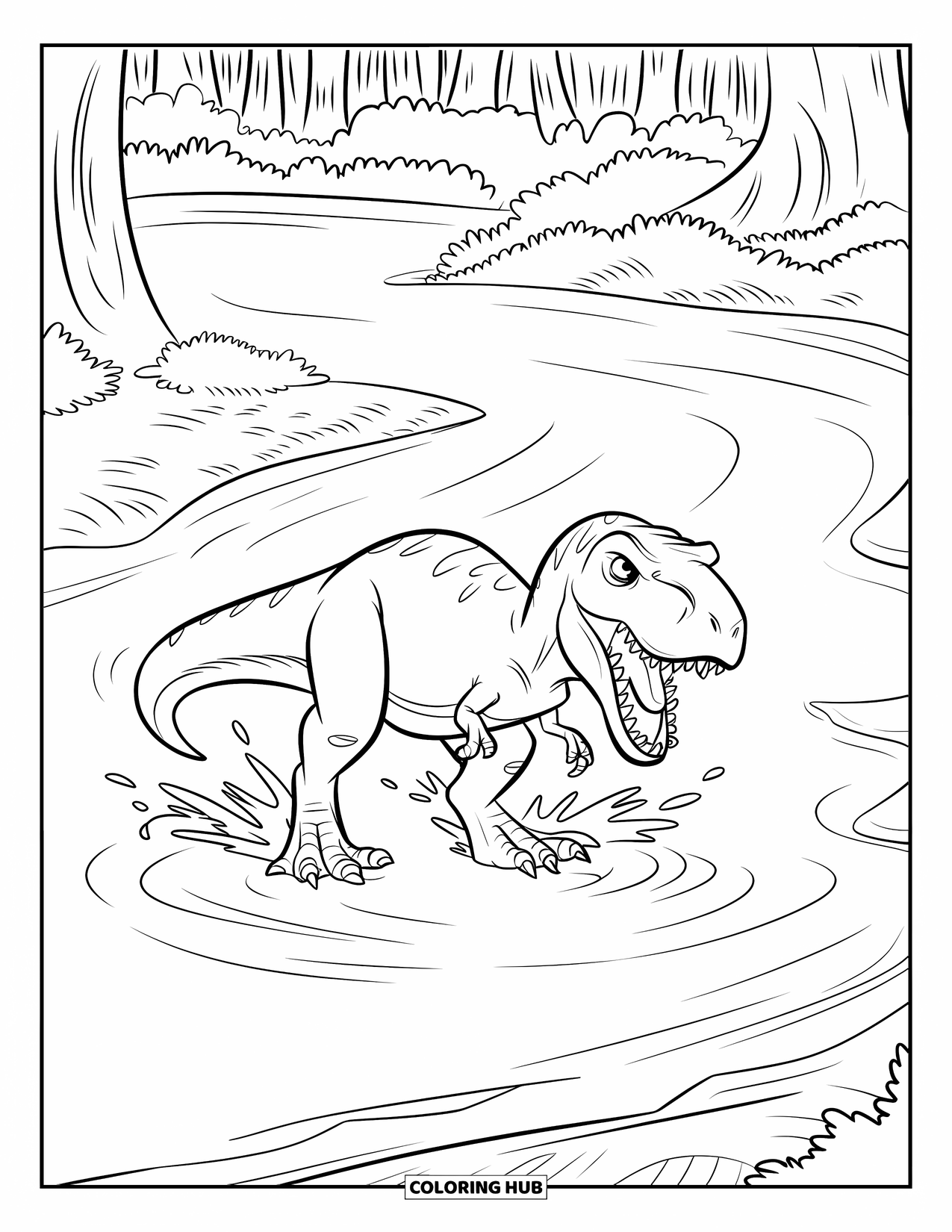 Dinosaur Kleurplaat voor Kinderen: Een T-Rex staat in een rivier met zijn mond open, omringd door bomen