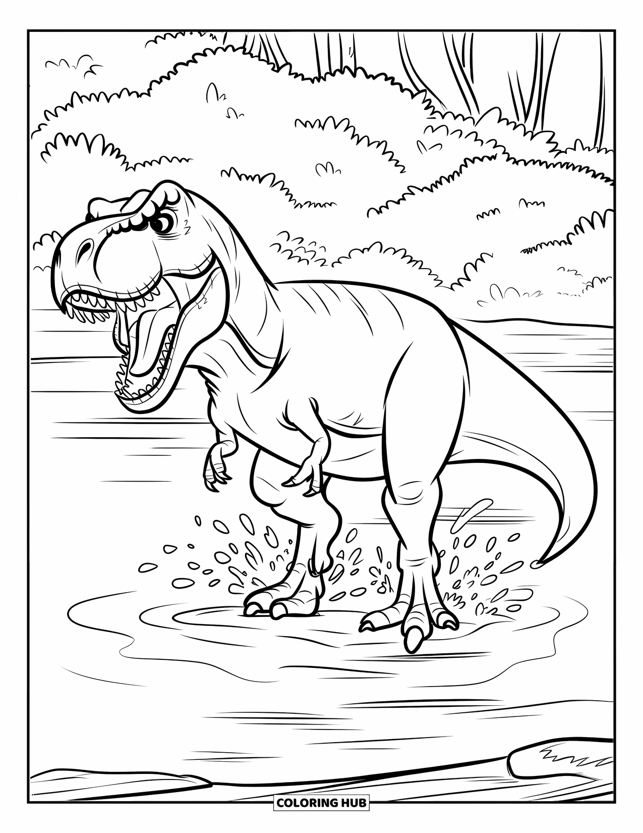 Dinosaurus Kleurplaat voor Kinderen: Een T-Rex staat in een ondiepe rivier, jagend met opspattend water eromheen