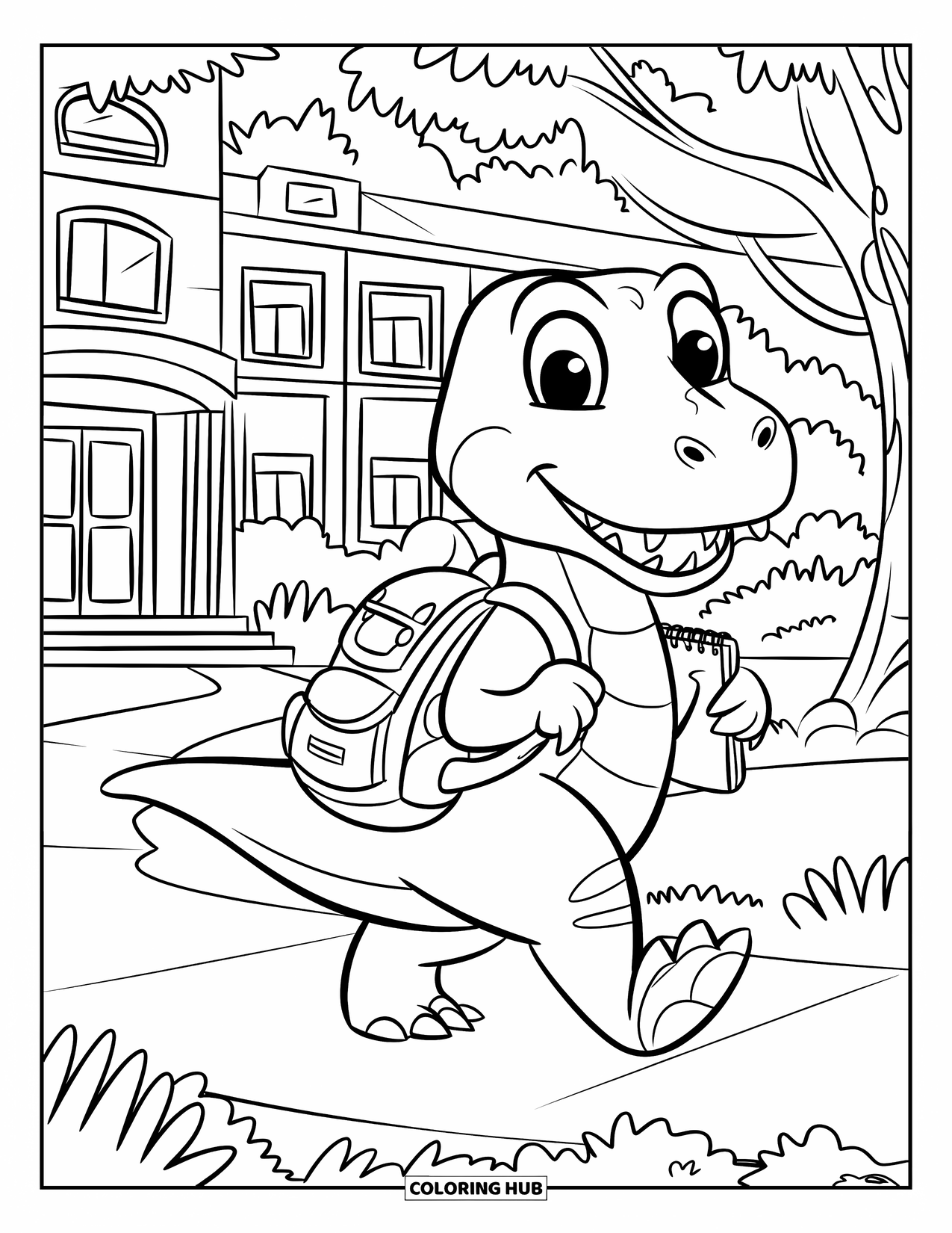 Dinosaurus Kleurplaat voor Kinderen: Een T-Rex loopt naar school met een rugzak en een notitieboek onder zijn arm