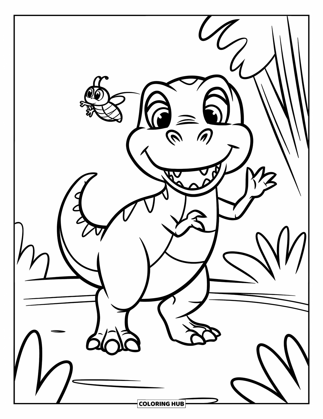 Dinosaurus Kleurplaat voor Kinderen: Een T-Rex zwaait met een glimlach naar een klein insect