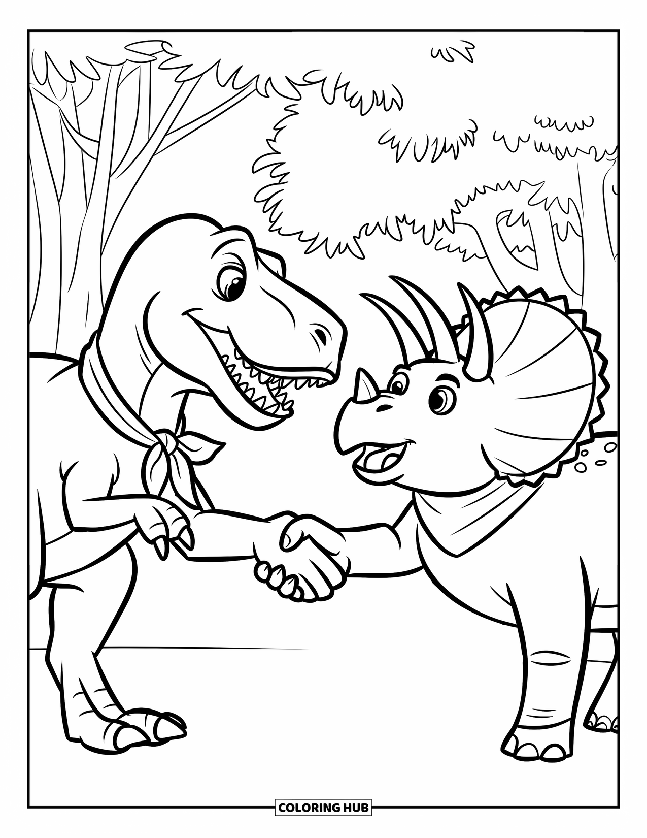 Dinosaur Kleurplaat voor Kinderen: Een T-Rex met een groene sjaal schudt de hand van een Triceratops