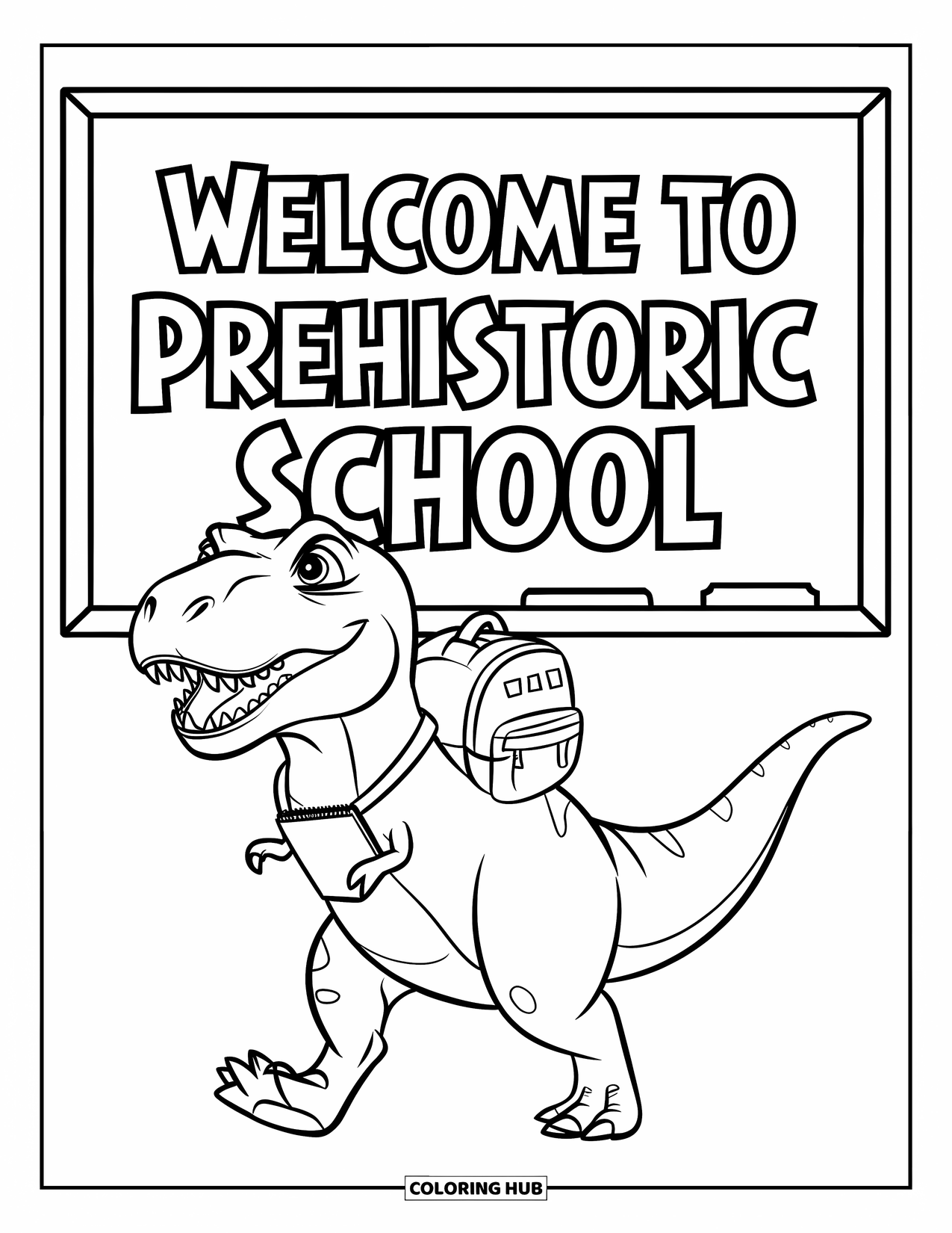 Dinosaurus Kleurplaat voor Kinderen: Een T-Rex met een kleine rugzak loopt vrolijk met een notitieboek