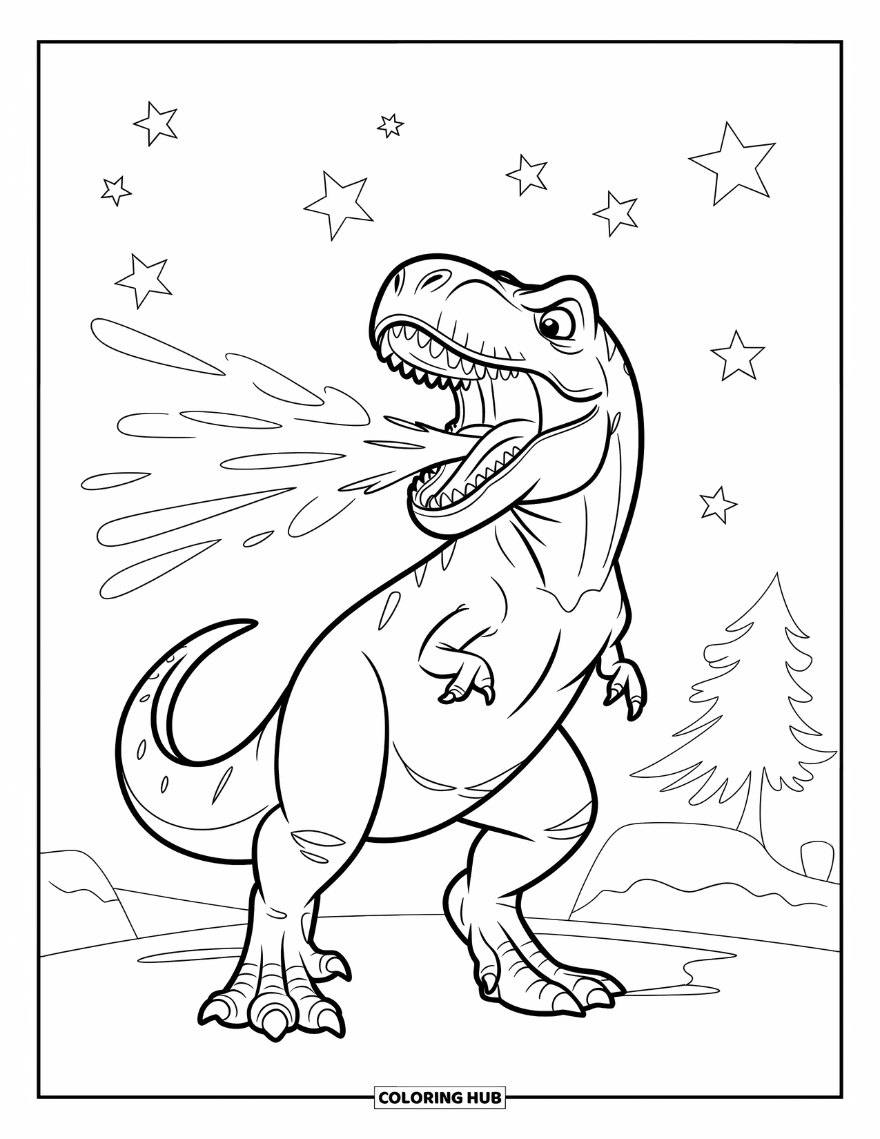 Dinosaurus Kleurplaat voor Kinderen: De adem van een T-Rex verandert in mist terwijl hij naar de sterren brult