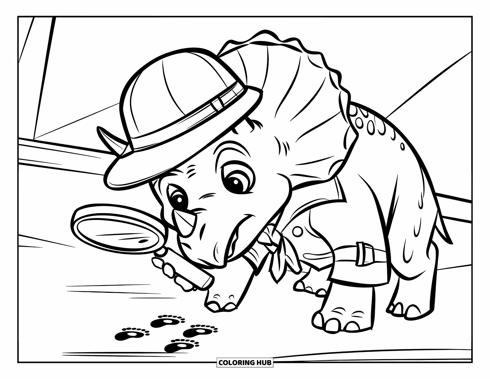 Dinosaurus Kleurplaat voor Kinderen: Een Triceratops met een regenjas onderzoekt voetafdrukken met een vergrootglas