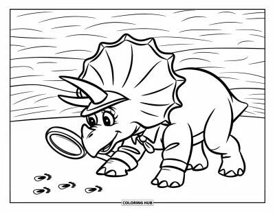 Dinoszaurusz kifestő gyerekeknek: Egy nyomozó Triceratops apró lábnyomokat vizsgál nagyítóval