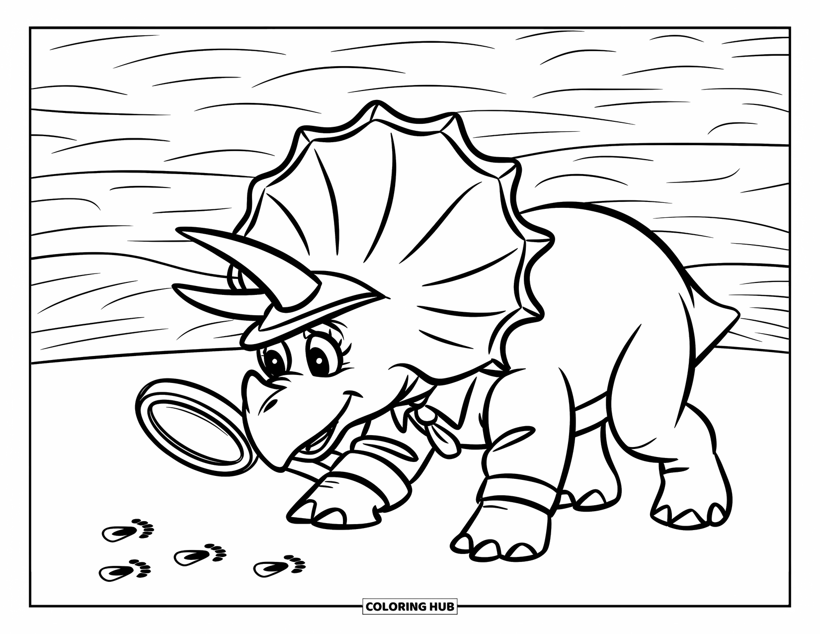 Dinosaurus Kleurplaat voor Kinderen: Een Triceratops detective onderzoekt kleine voetafdrukken met een vergrootglas