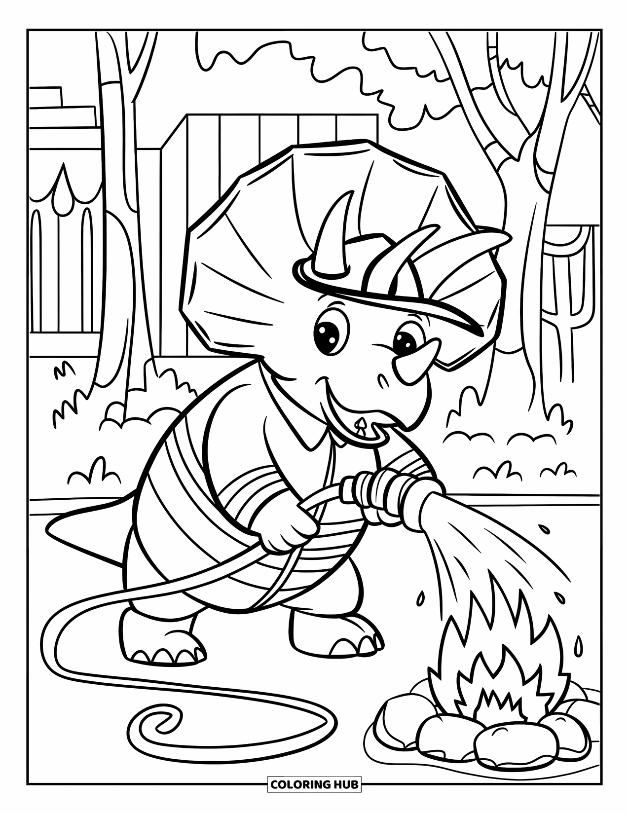 Dinosaurus Kleurplaat voor Kinderen: Een Triceratops verkleed als een brandweerman blust een kampvuur met een slang