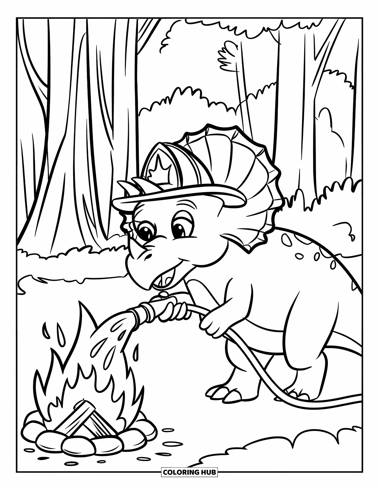 Dinosaurus Kleurplaat voor Kinderen: Een Triceratops brandweerman spuit water op een kampvuur in het bos