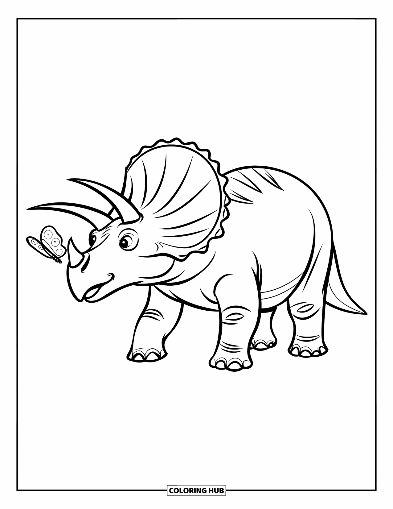 Dinosaurus Kleurplaat voor Kinderen: Een Triceratops pauzeert terwijl een vlinder op zijn neus zit