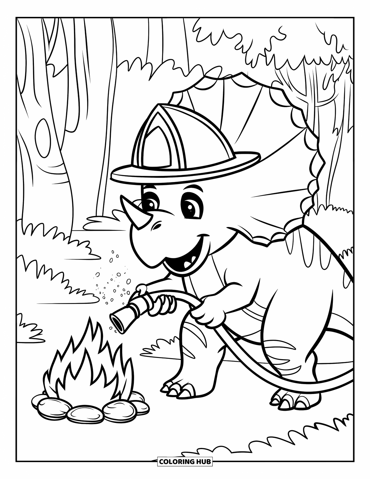 Dinosaurus Kleurplaat voor Kinderen: Een Triceratops doet alsof hij een brandweerman is en spuit een kampvuur nat