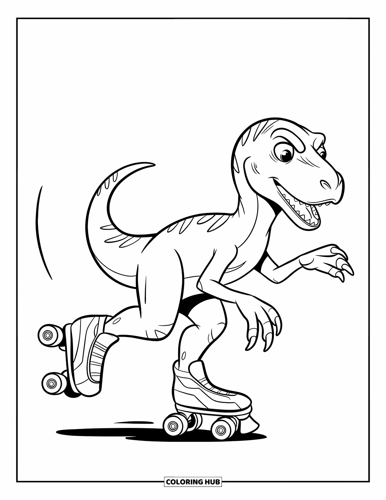 Dinosaurus Kleurplaat voor Kinderen: Een Velociraptor balanceert voorzichtig tijdens het rolschaatsen