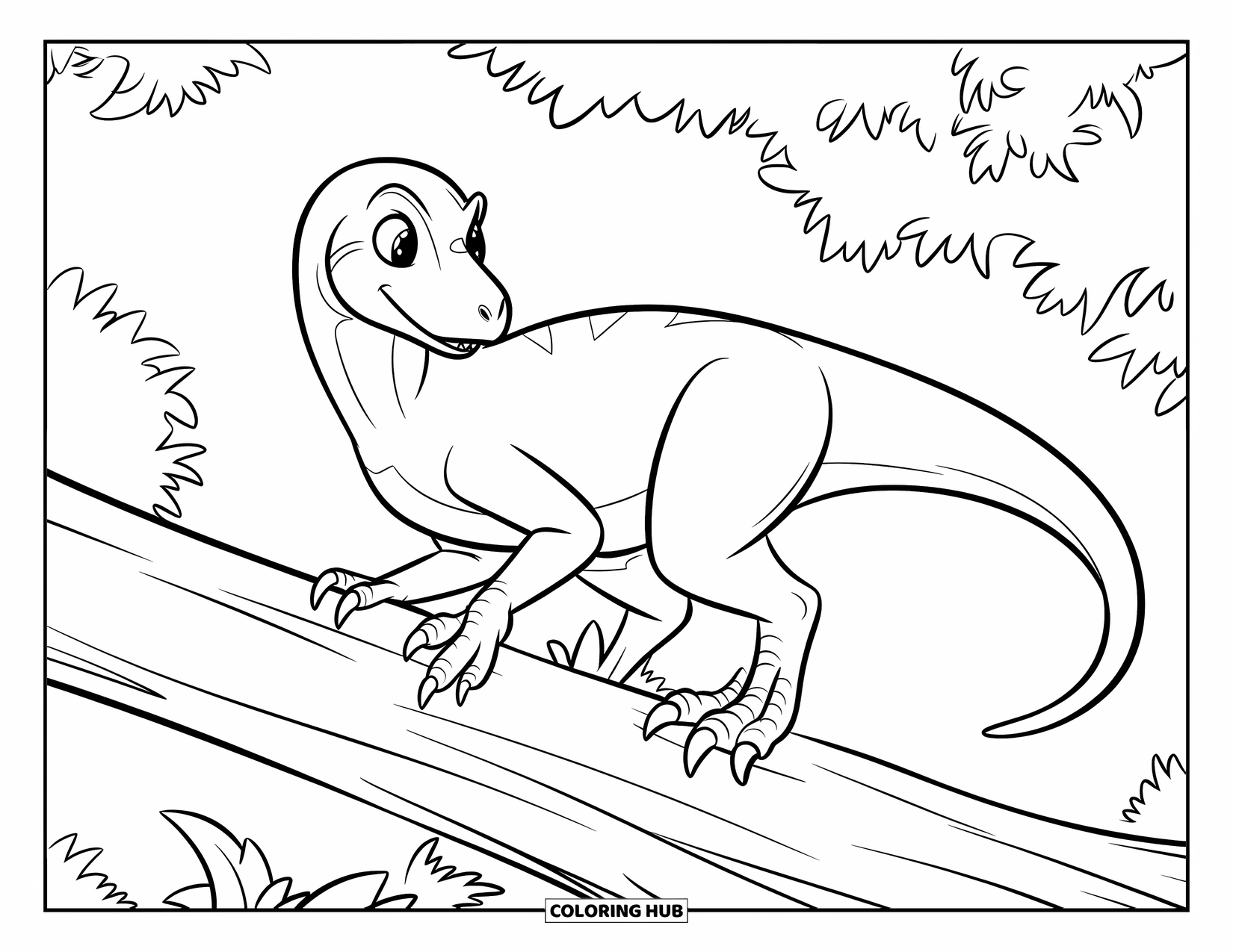 Dinosaurus Kleurplaat voor Kinderen: Een Velociraptor zit op een omgevallen boom en overziet het gebied