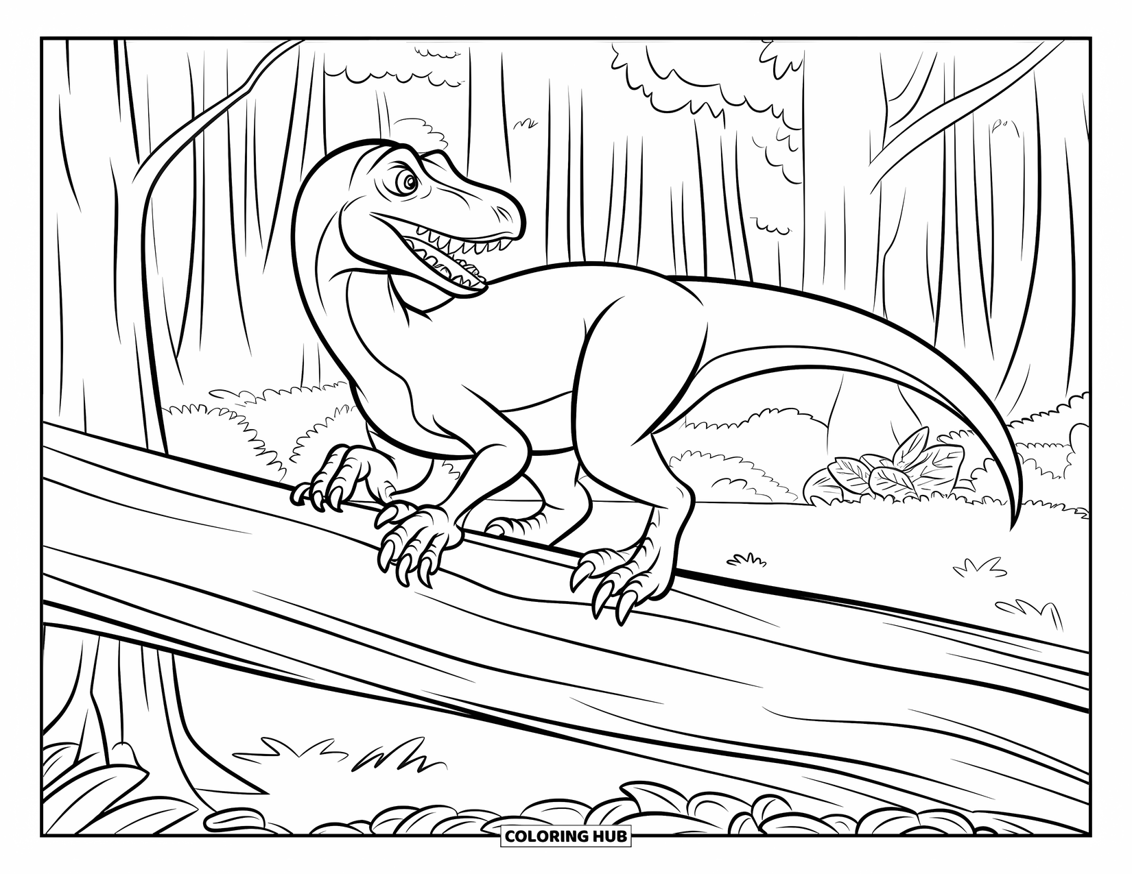 Dinosaurus Kleurplaat voor Kinderen: Een Velociraptor zit op een boom en scant het bos