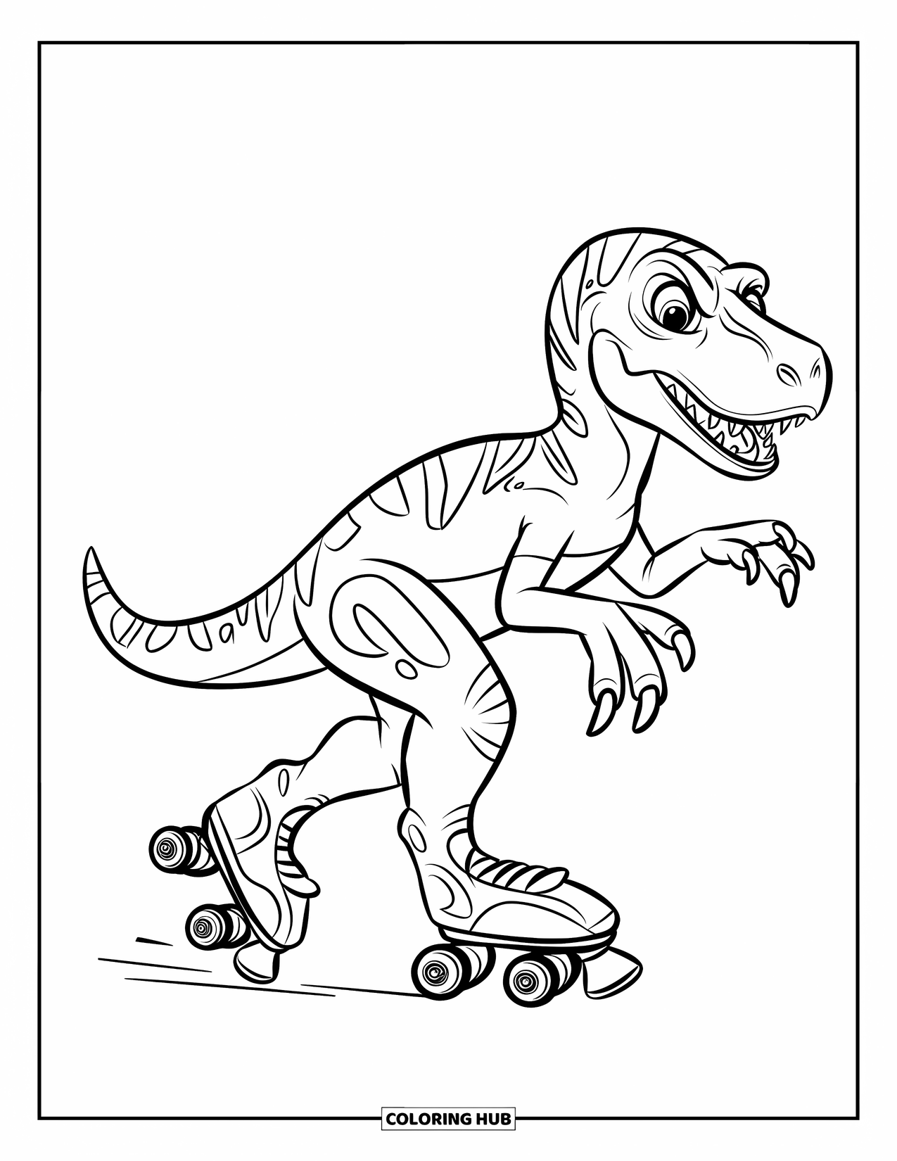 Dinosaur Kleurplaat voor Kinderen: Een Velociraptor strekt zijn armen uit voor evenwicht tijdens het rolschaatsen